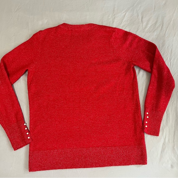 Loft Red Sweater Pearl sleeve Wool Blend Round Neck Long Sleeve size M - Picture 7 of 15